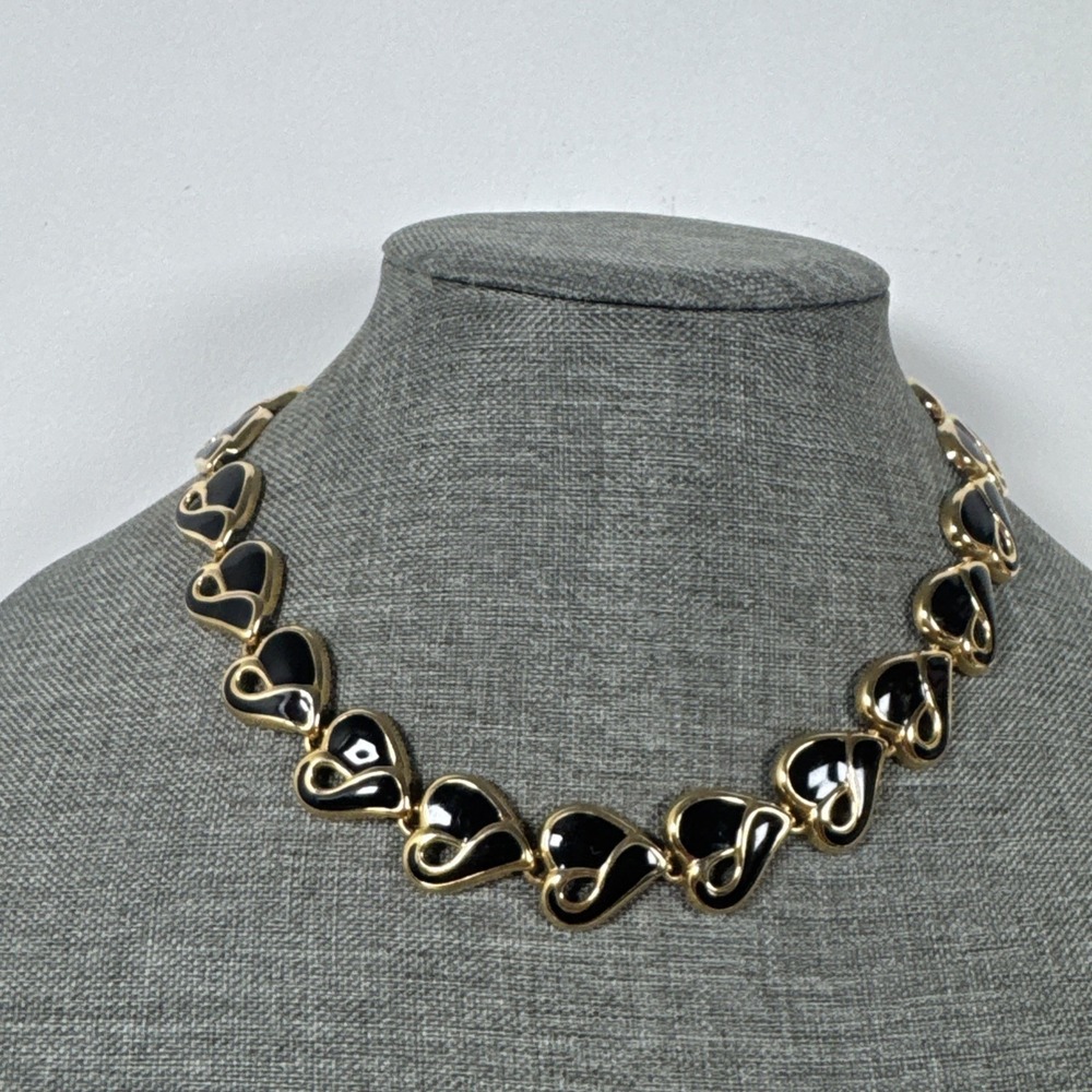 Vintage Black Enamel Gold Tone Heart Link Statement Choker 17"